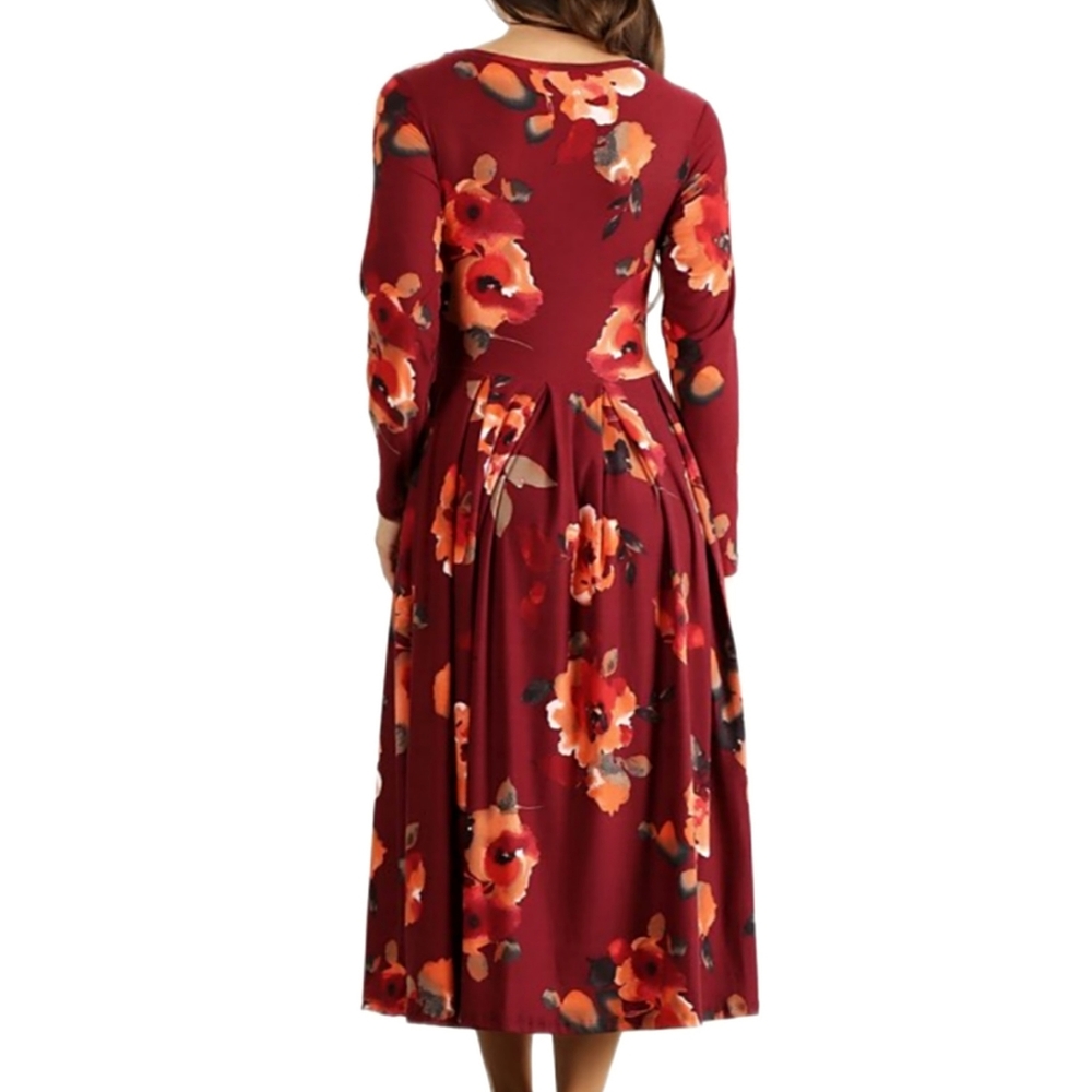 FLORAL BURGUNDY & PEACH PLEATED MIDI DRESS - Picture 5 of 9